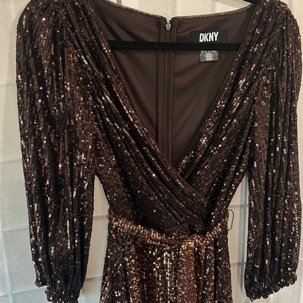 DKNY Women's Sequin Midi Dress - Ombre Chocolate brown, bronze and Gold